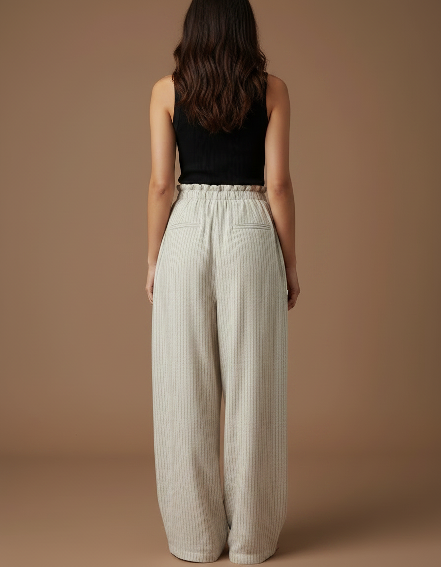 Pantalon Fluide Beige Rayé Ample Taille Haute Décontracté - Viscose - vue 2