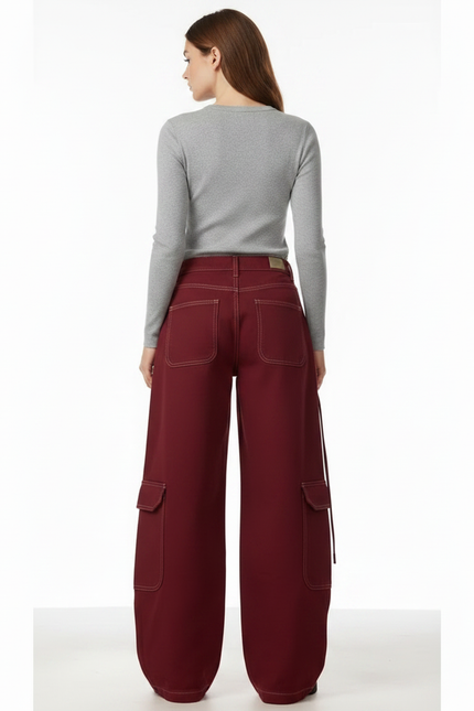 Pantalon Fluide Cargo Rouge Ample Large Décontracté Femme - Bordeaux Gabardine - vue 2