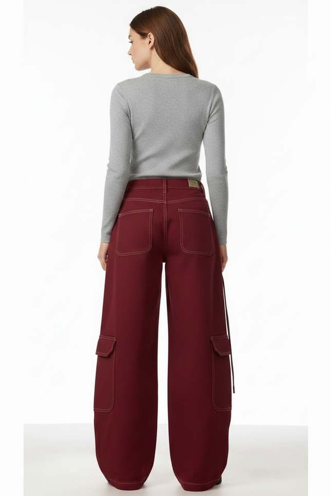 Pantalon Fluide Cargo Rouge Ample Large Décontracté Femme - Bordeaux Gabardine - vue 2