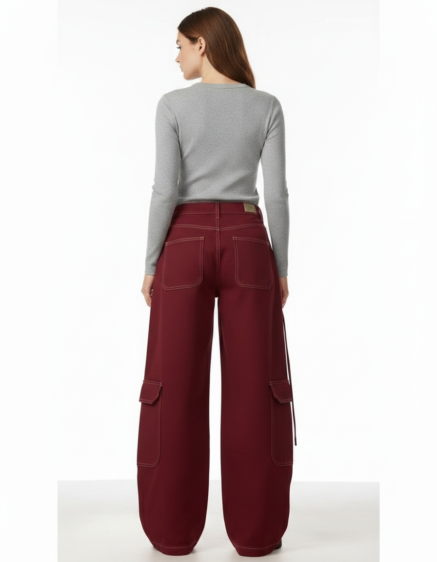 Pantalon Fluide Cargo Rouge Ample Large Décontracté Femme - Bordeaux Gabardine - vue 2