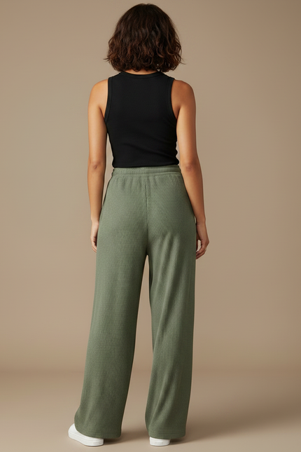 Pantalon Fluide Vert Côtelé Ample Confortable Décontracté - Maille - vue 2