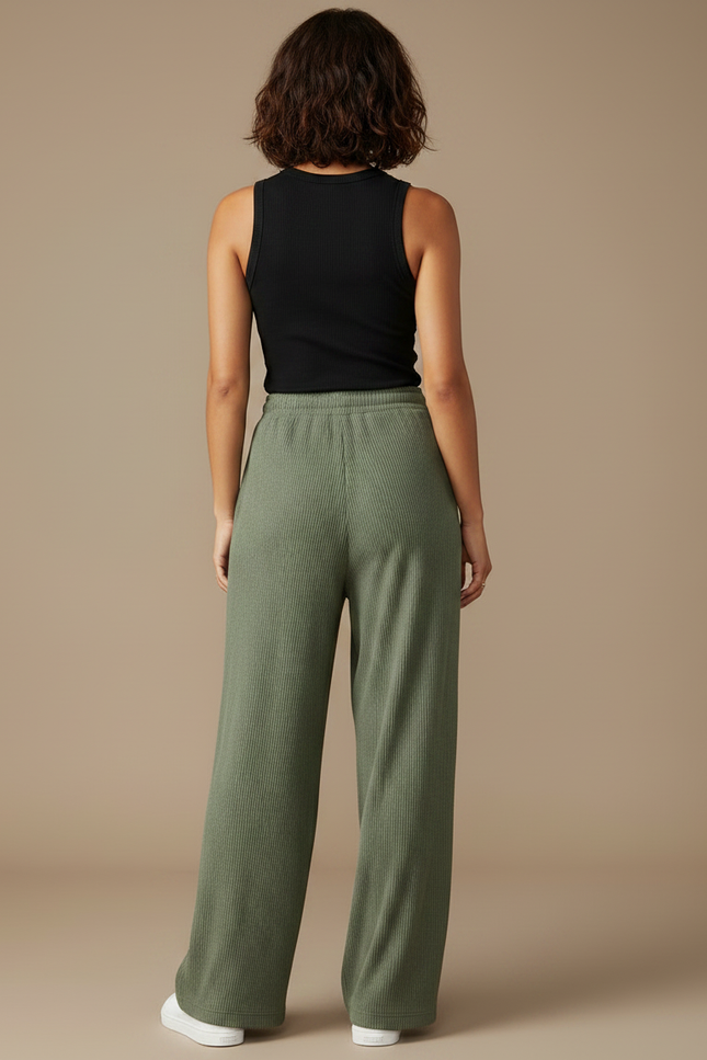 Pantalon Fluide Vert Côtelé Ample Confortable Décontracté - Maille - vue 2