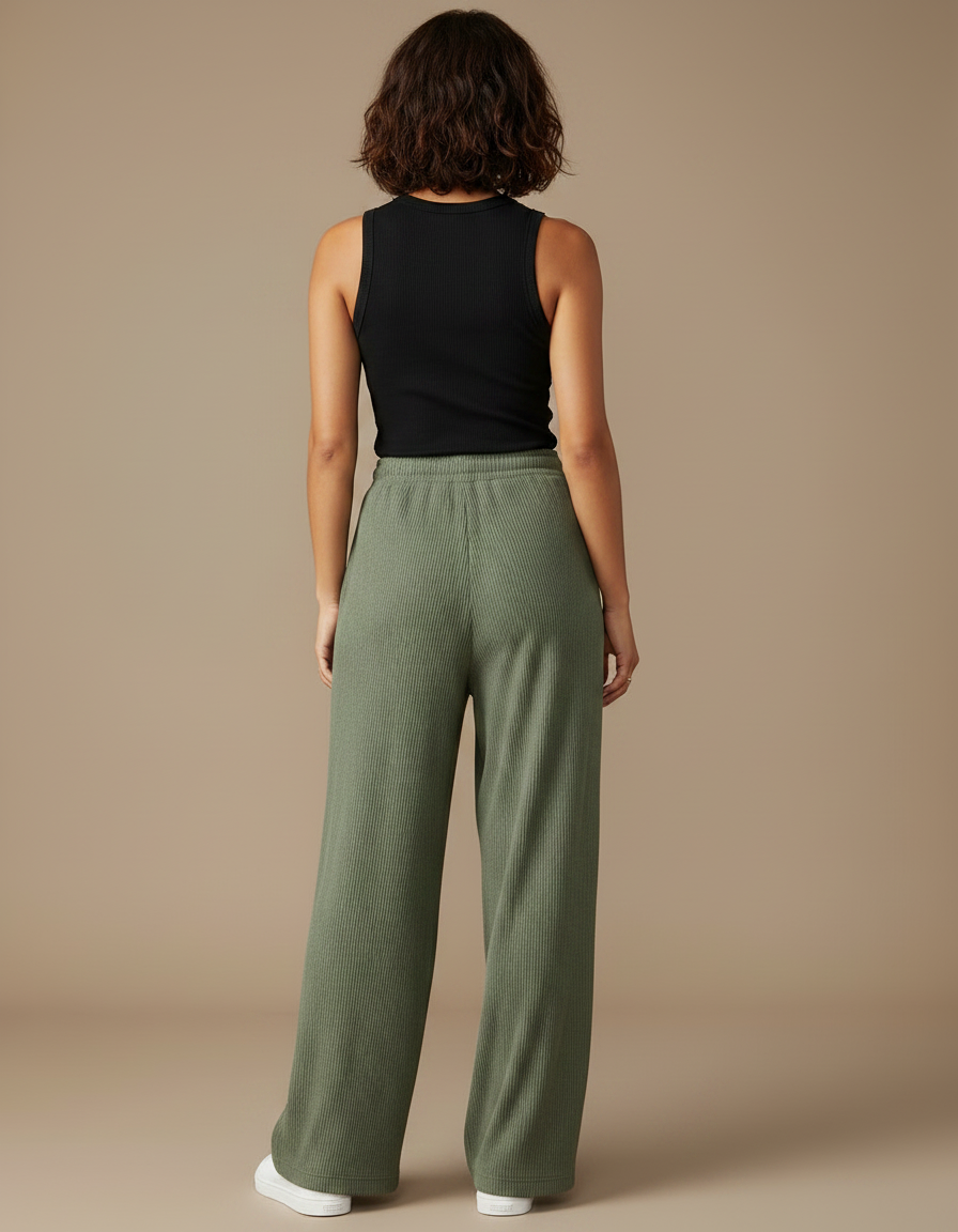 Pantalon Fluide Vert Côtelé Ample Confortable Décontracté - Maille - vue 2