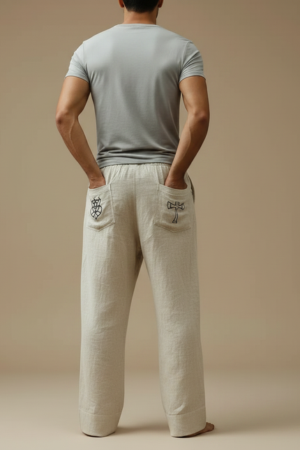 Pantalon Fluide Beige Coton Lin Ample Imprimé Viking Homme - vue 2