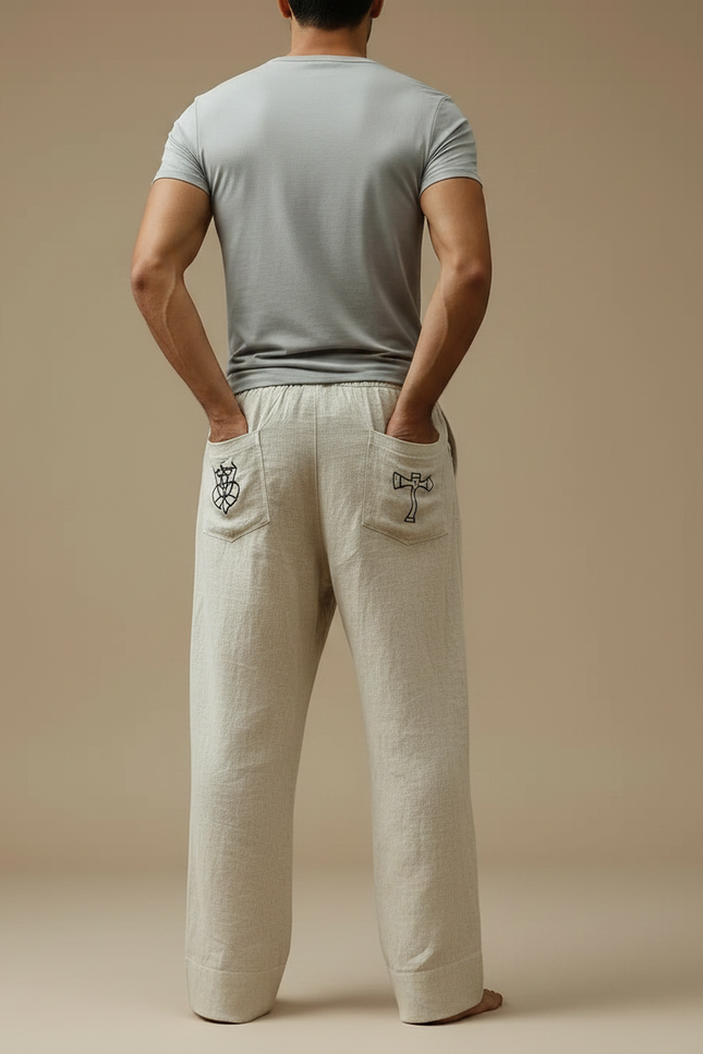 Pantalon Fluide Beige Coton Lin Ample Imprimé Viking Homme - vue 2