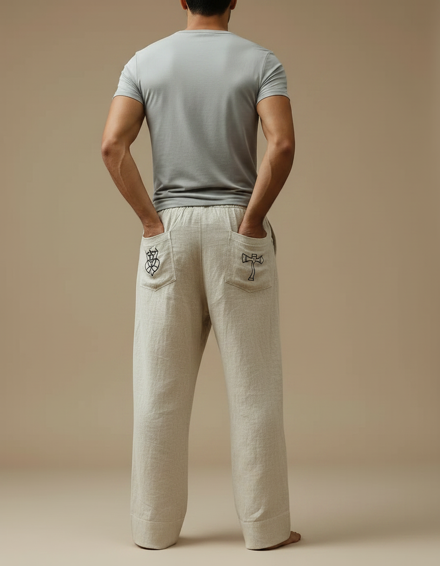 Pantalon Fluide Beige Coton Lin Ample Imprimé Viking Homme - vue 2