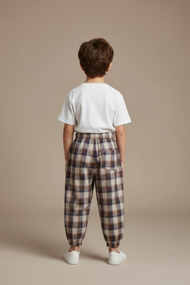 Pantalon Fluide Carreaux Marron Ample Coton Enfant - Multicolore - vue 2