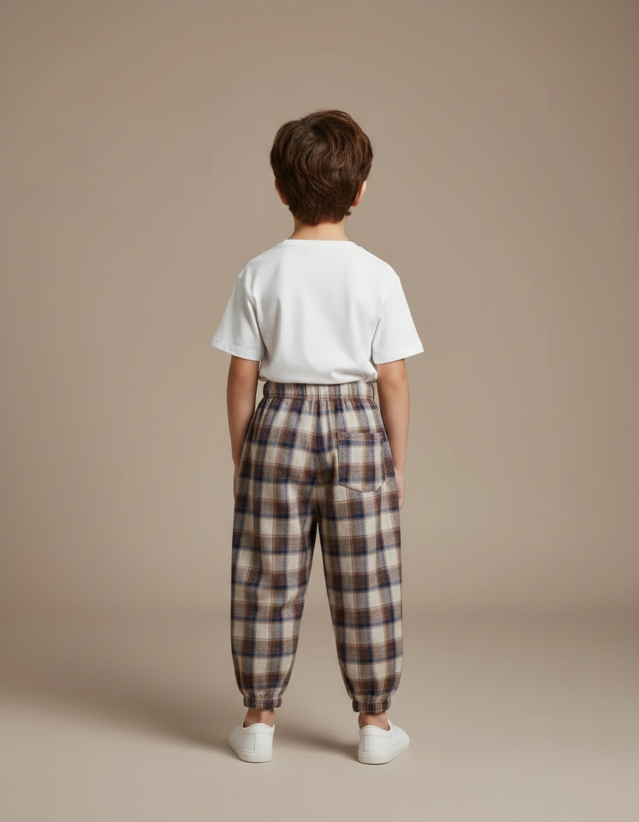 Pantalon Fluide Carreaux Marron Ample Coton Enfant - Multicolore - vue 2