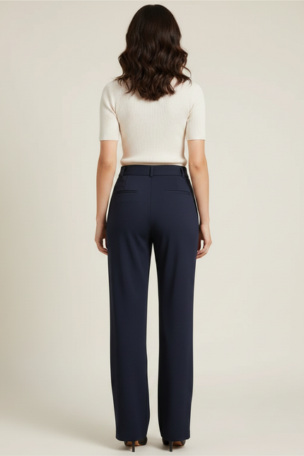 Pantalon Fluide Droit Bleu Marine Élégant Boutonné - Polyester - vue 2