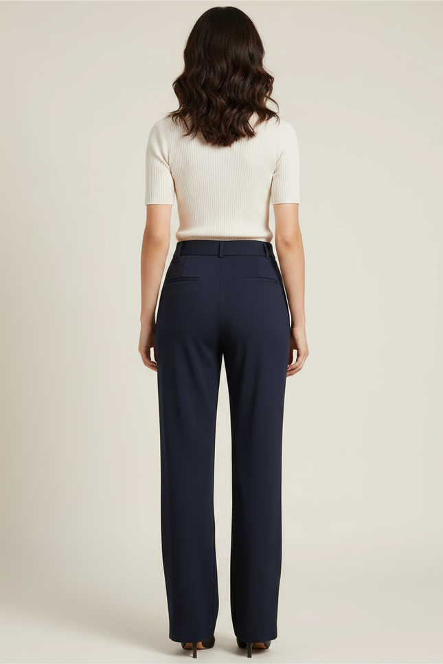 Pantalon Fluide Droit Bleu Marine Élégant Boutonné - Polyester - vue 2
