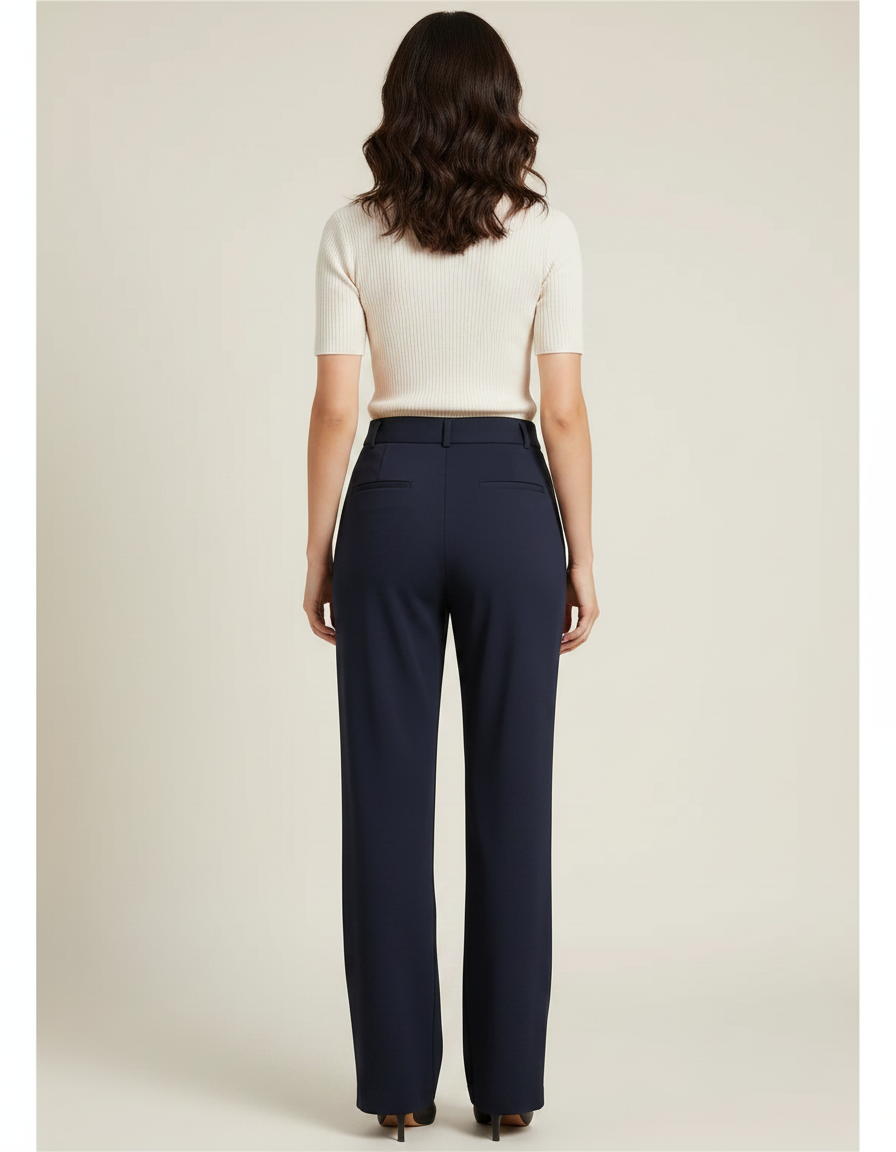Pantalon Fluide Droit Bleu Marine Élégant Boutonné - Polyester - vue 2