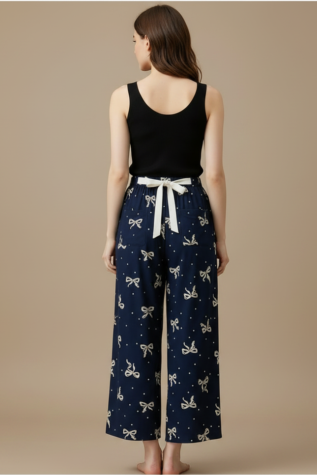 Pantalon Fluide Bleu Marine Imprimé Nœuds Ample Décontracté - Viscose - vue 2