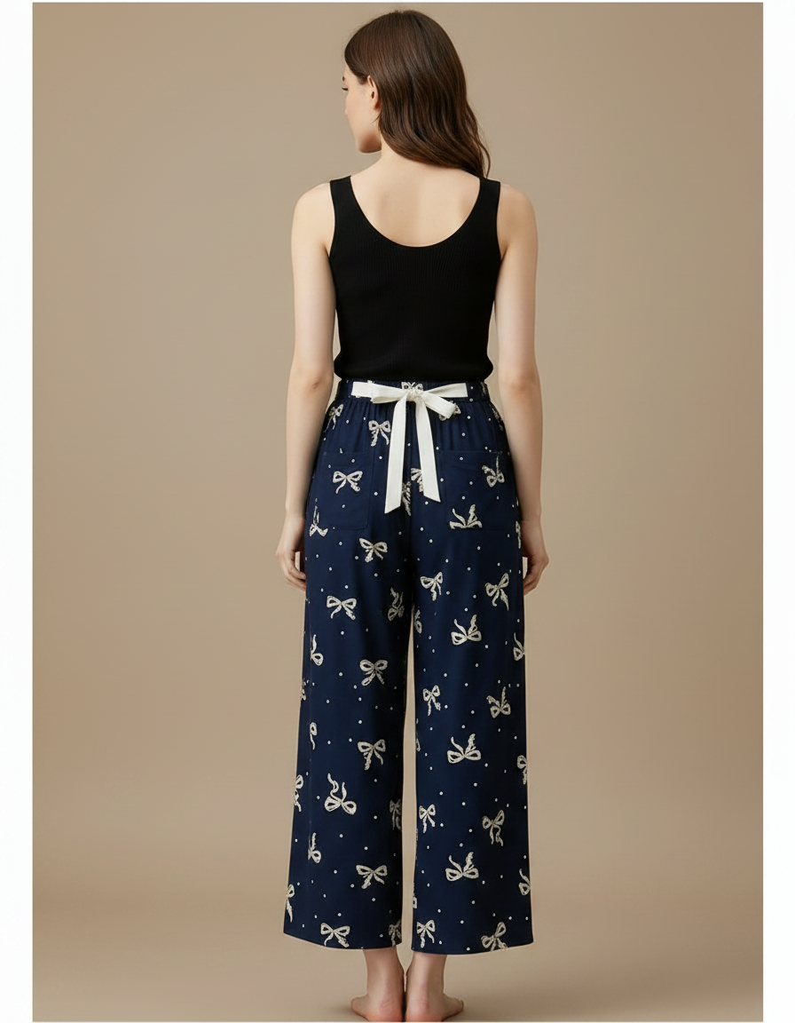 Pantalon Fluide Bleu Marine Imprimé Nœuds Ample Décontracté - Viscose - vue 2