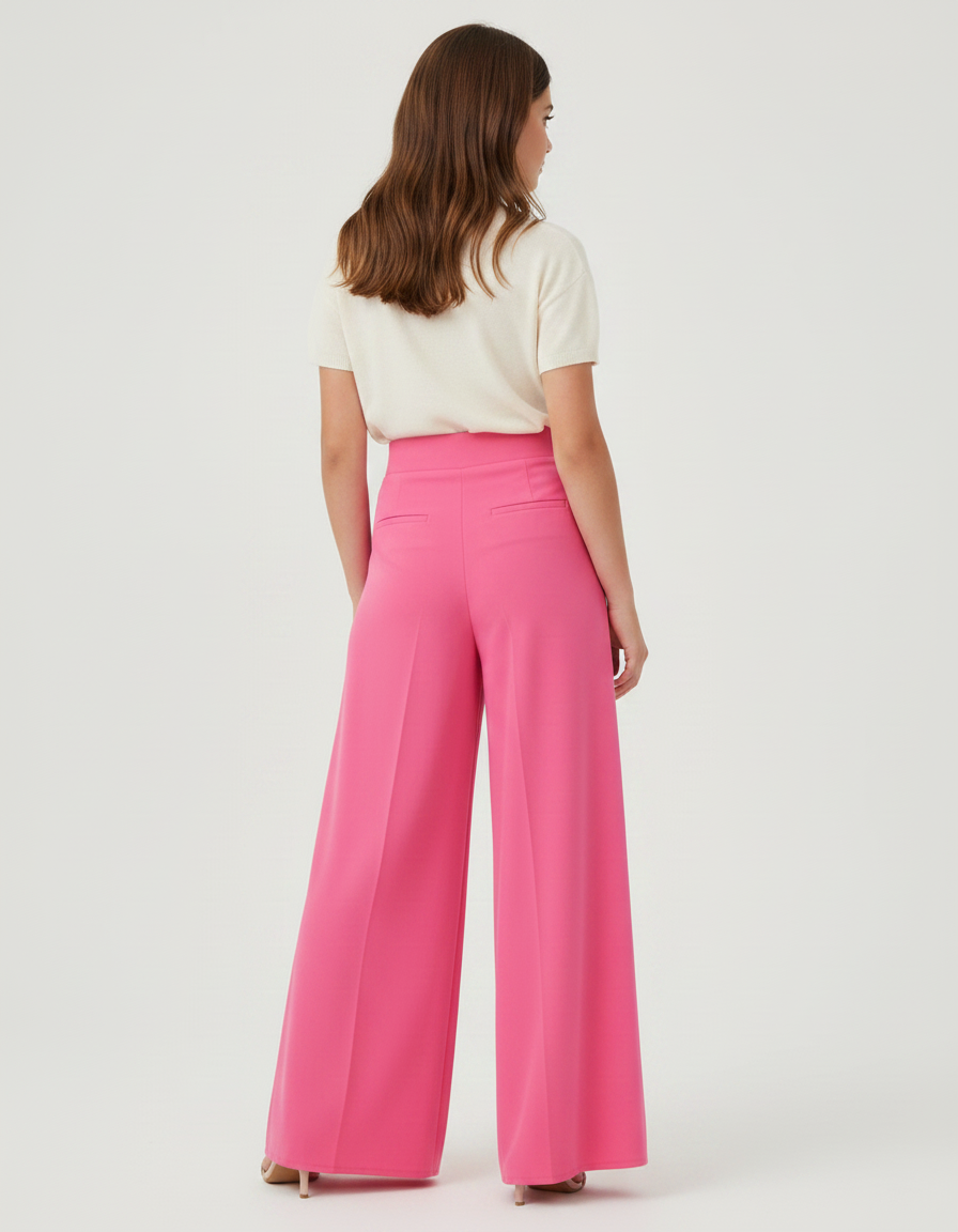 Pantalon Fluide Rose Vif Ample Taille Haute Élégant - Polyester - vue 2