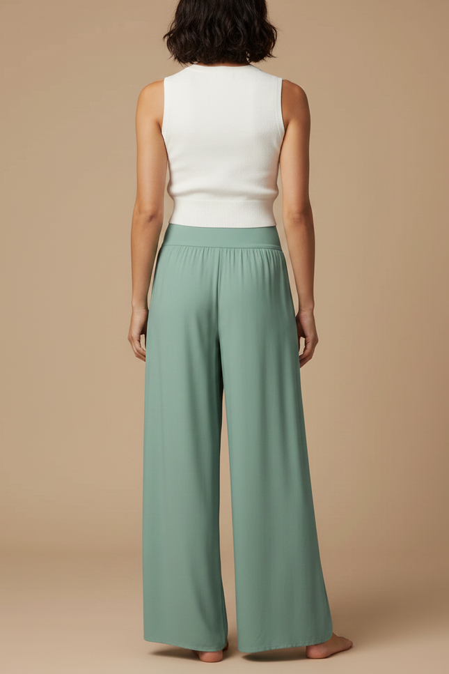Pantalon Fluide Vert Menthe Ample Fendu Élégant - Viscose - vue 2