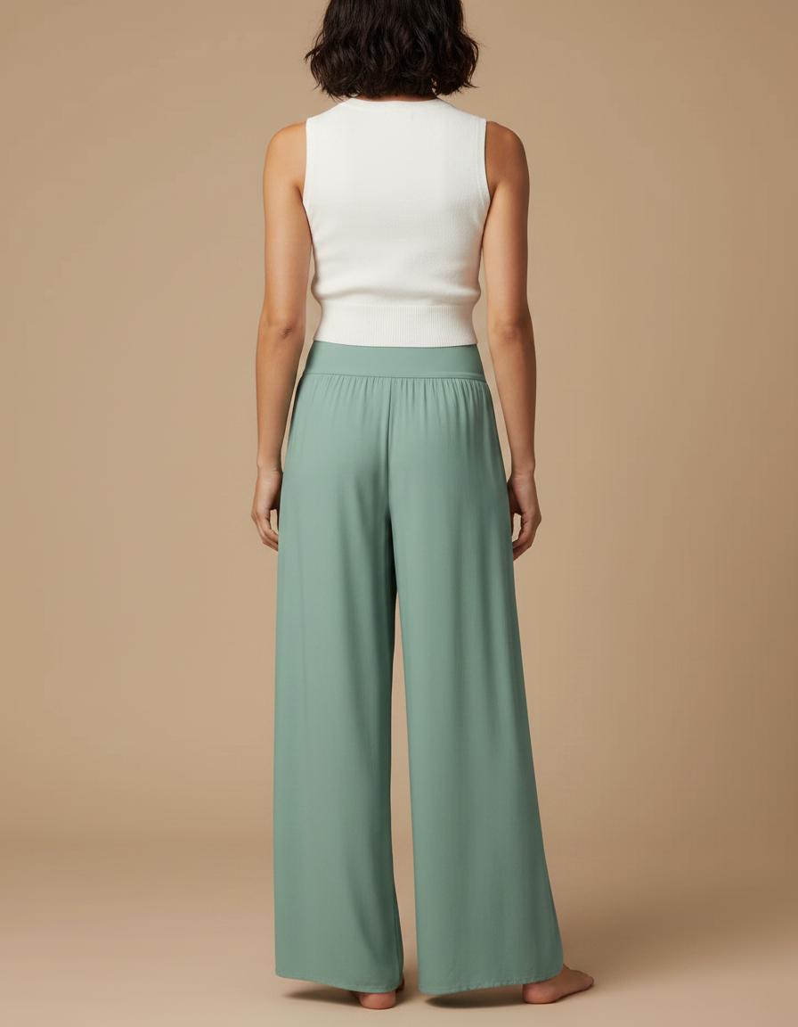 Pantalon Fluide Vert Menthe Ample Fendu Élégant - Viscose - vue 2