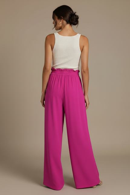 Pantalon Fluide Fuchsia Ample Taille Haute Cordon Décontracté - Rose Viscose - vue 2