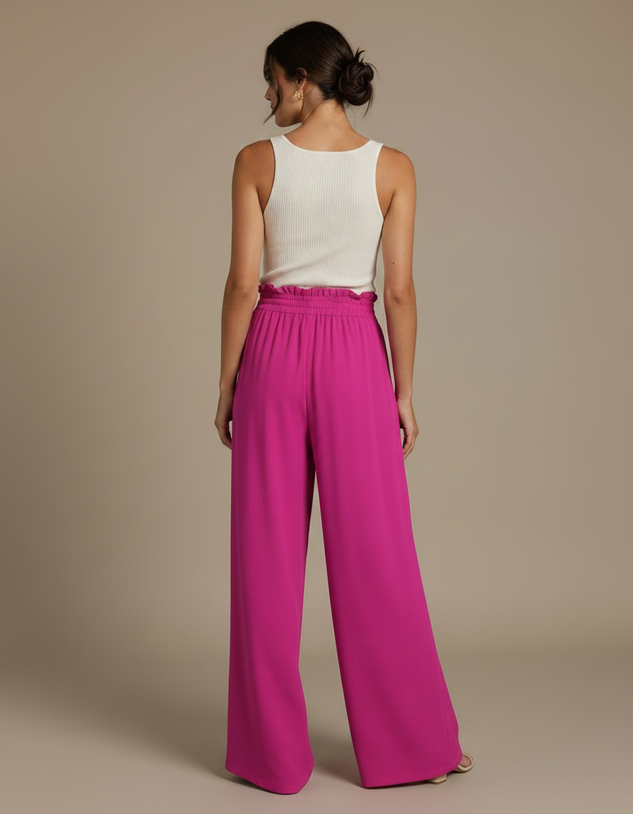 Pantalon Fluide Fuchsia Ample Taille Haute Cordon Décontracté - Rose Viscose - vue 2