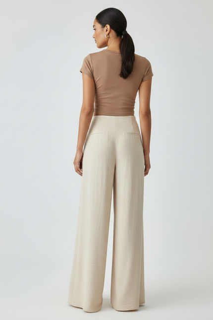 Pantalon Fluide Écru Ample Plissé Boutons Décontracté - Beige Lin - vue 2