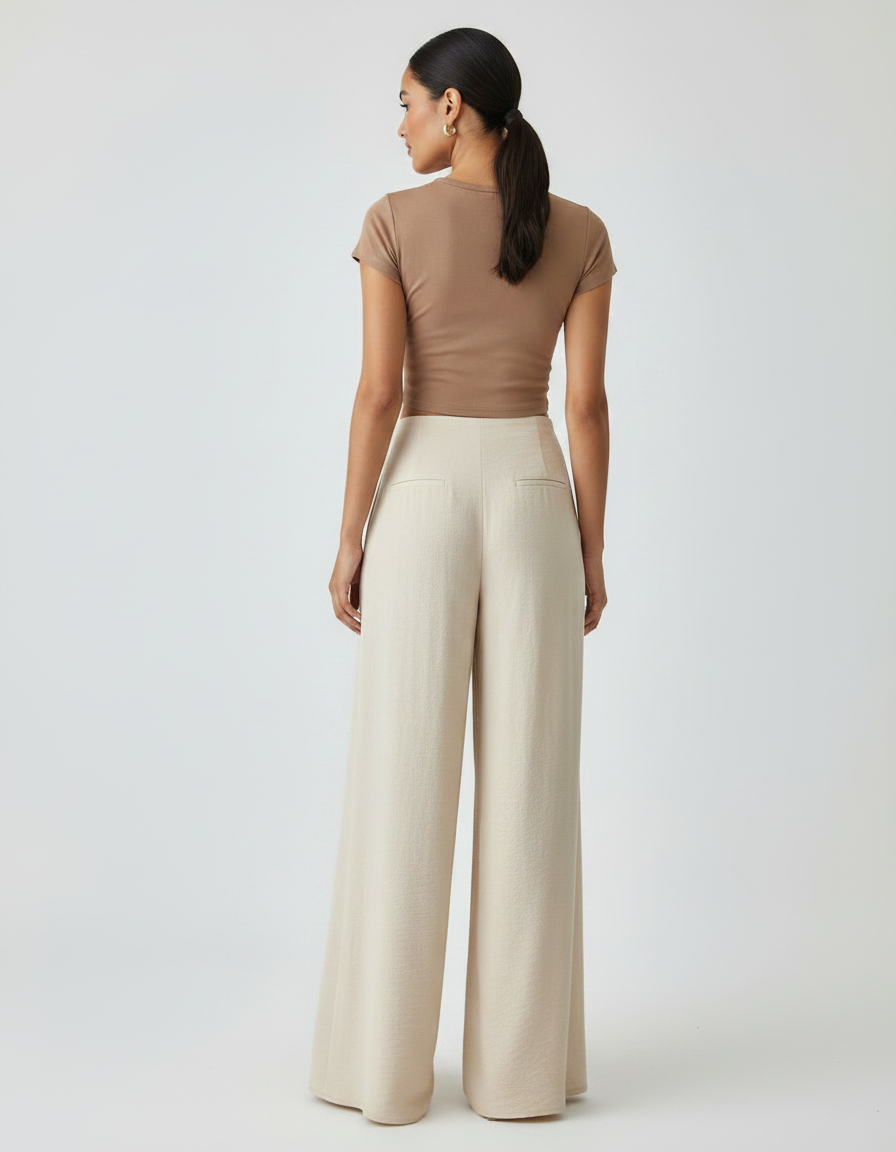 Pantalon Fluide Écru Ample Plissé Boutons Décontracté - Beige Lin - vue 2