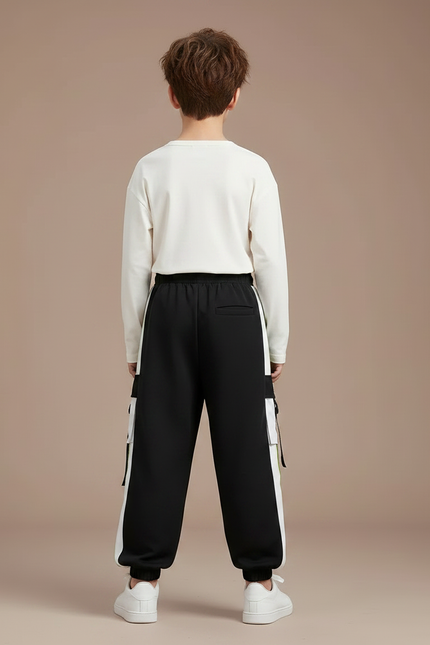 Pantalon Fluide Noir Cargo Bandes Blanches Vertes - Molleton - vue 2