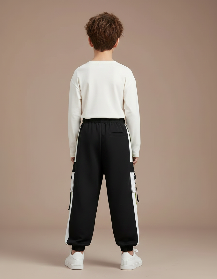 Pantalon Fluide Noir Cargo Bandes Blanches Vertes - Molleton - vue 2