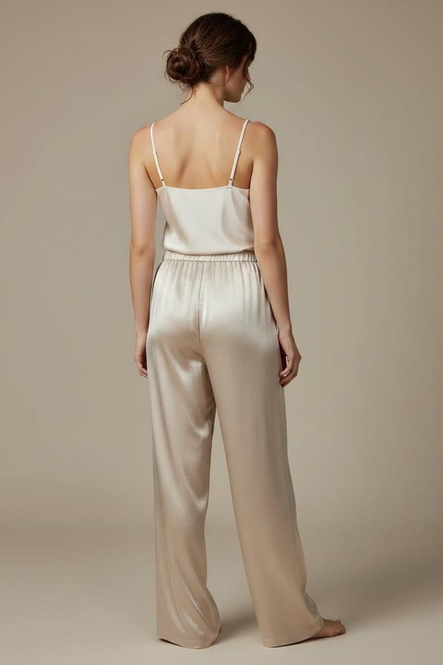 Pantalon Fluide Satiné Ample Beige Élégant Décontracté - vue 2