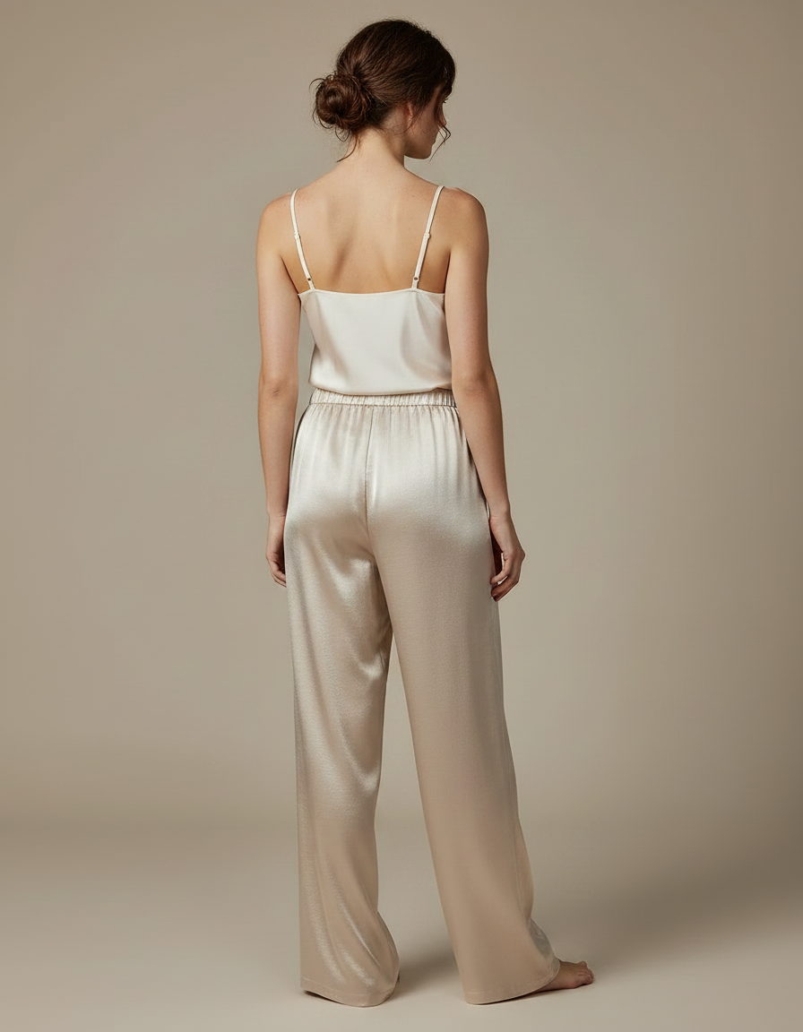 Pantalon Fluide Satiné Ample Beige Élégant Décontracté - vue 2