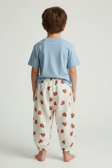 Pantalon Fluide Écru Coton Ample Motif Coccinelles - Beige - vue 2