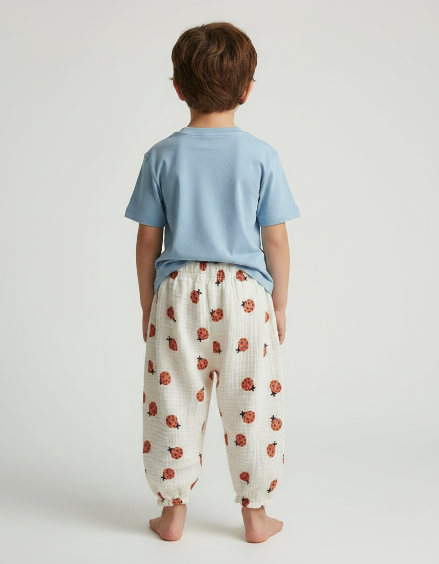 Pantalon Fluide Écru Coton Ample Motif Coccinelles - Beige - vue 2