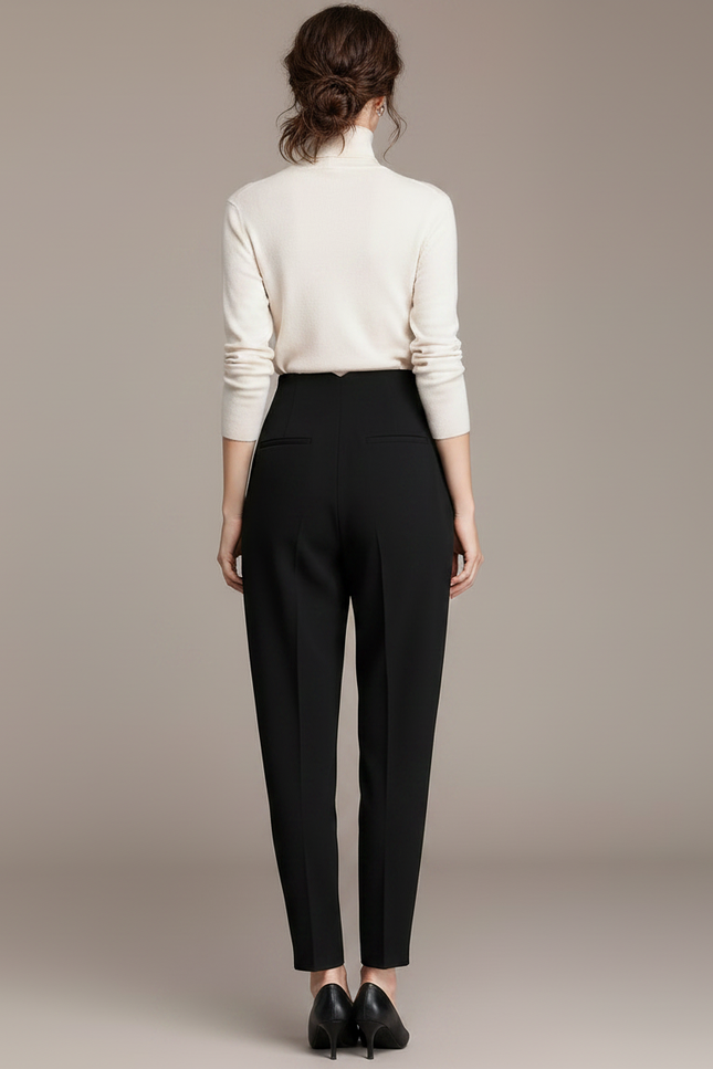 Pantalon Fluide Noir Taille Haute Plissé Élégant Femme - Viscose - vue 2