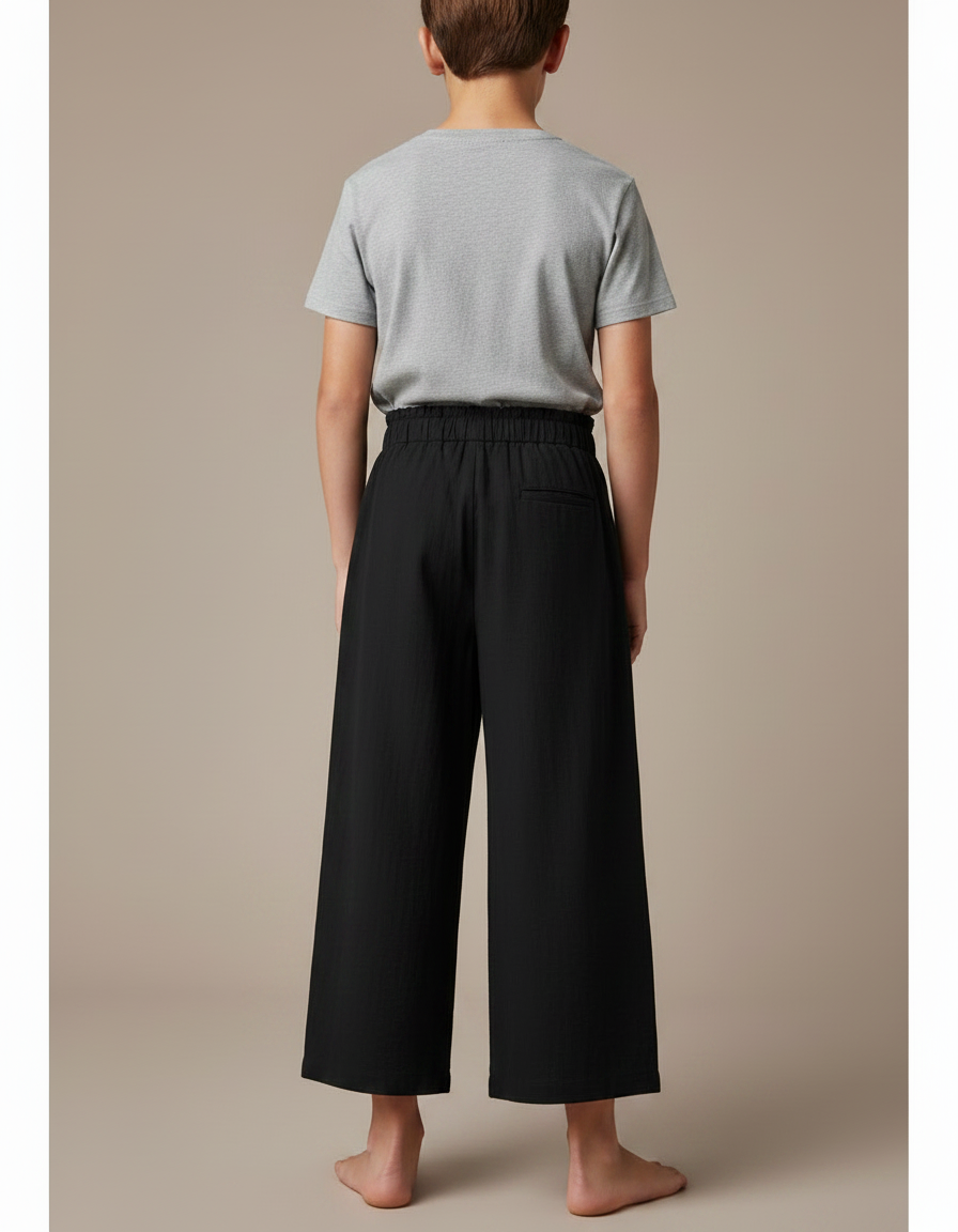 Pantalon Fluide Noir Ample Coton Décontracté Boutons - vue 2