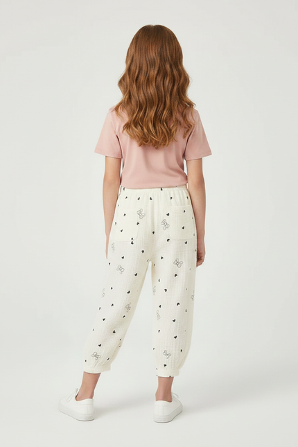 Pantalon Fluide Écru Coton Imprimé Cœurs Papillons - Beige - vue 2