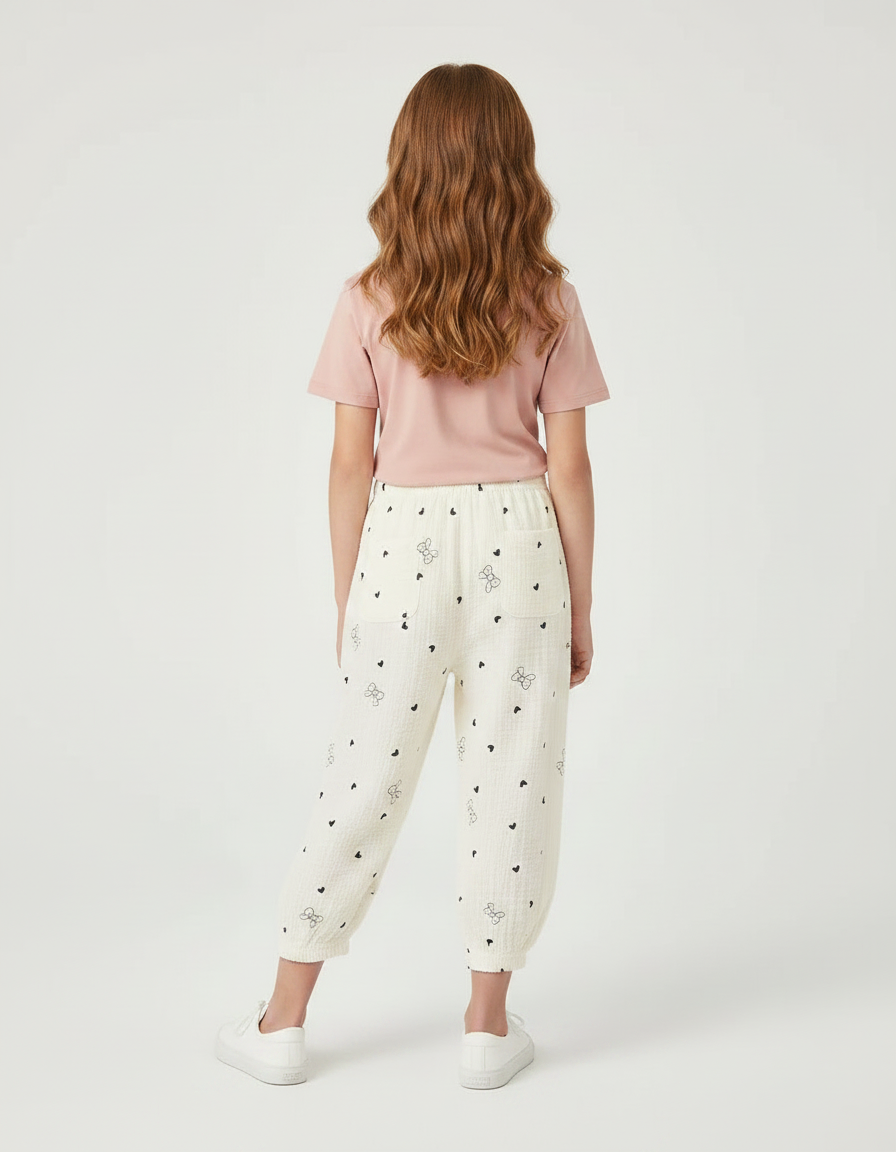 Pantalon Fluide Écru Coton Imprimé Cœurs Papillons - Beige - vue 2
