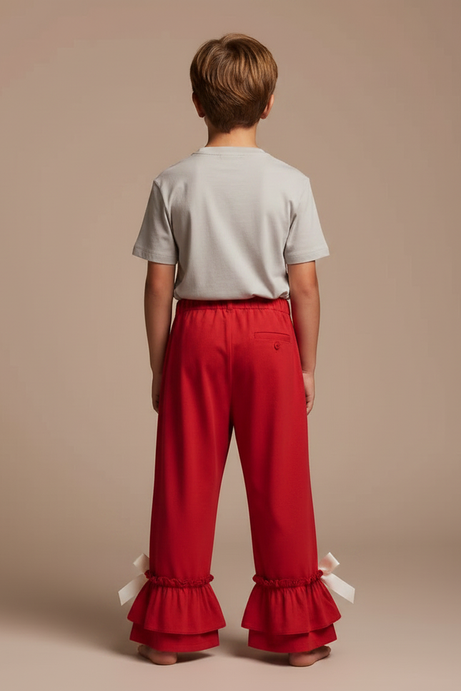 Pantalon Fluide Rouge Ample Volants Nœuds Enfant - Viscose - vue 2