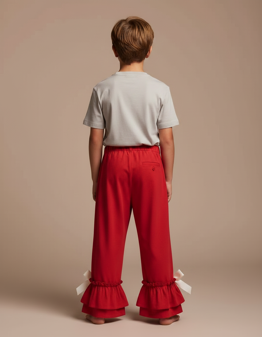Pantalon Fluide Rouge Ample Volants Nœuds Enfant - Viscose - vue 2