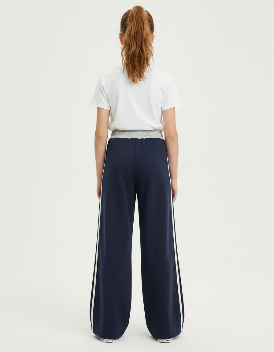 Pantalon Fluide Bleu Marine Ample Rayures Blanches Fille - Molleton - vue 2