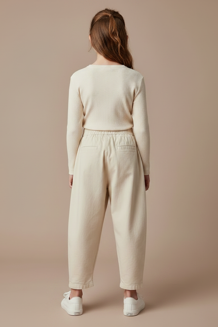 Pantalon Fluide Fille Beige Coupe Ample Coton - Toile - vue 2