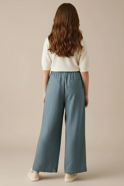 Pantalon Fluide Bleu Coton Lin Ample Fille - vue 2