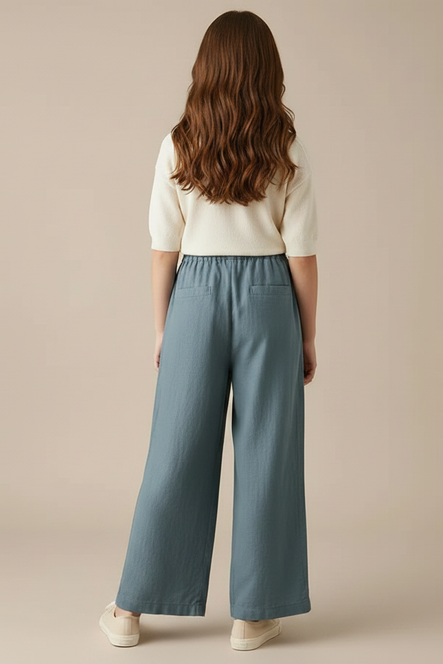 Pantalon Fluide Bleu Coton Lin Ample Fille - vue 2