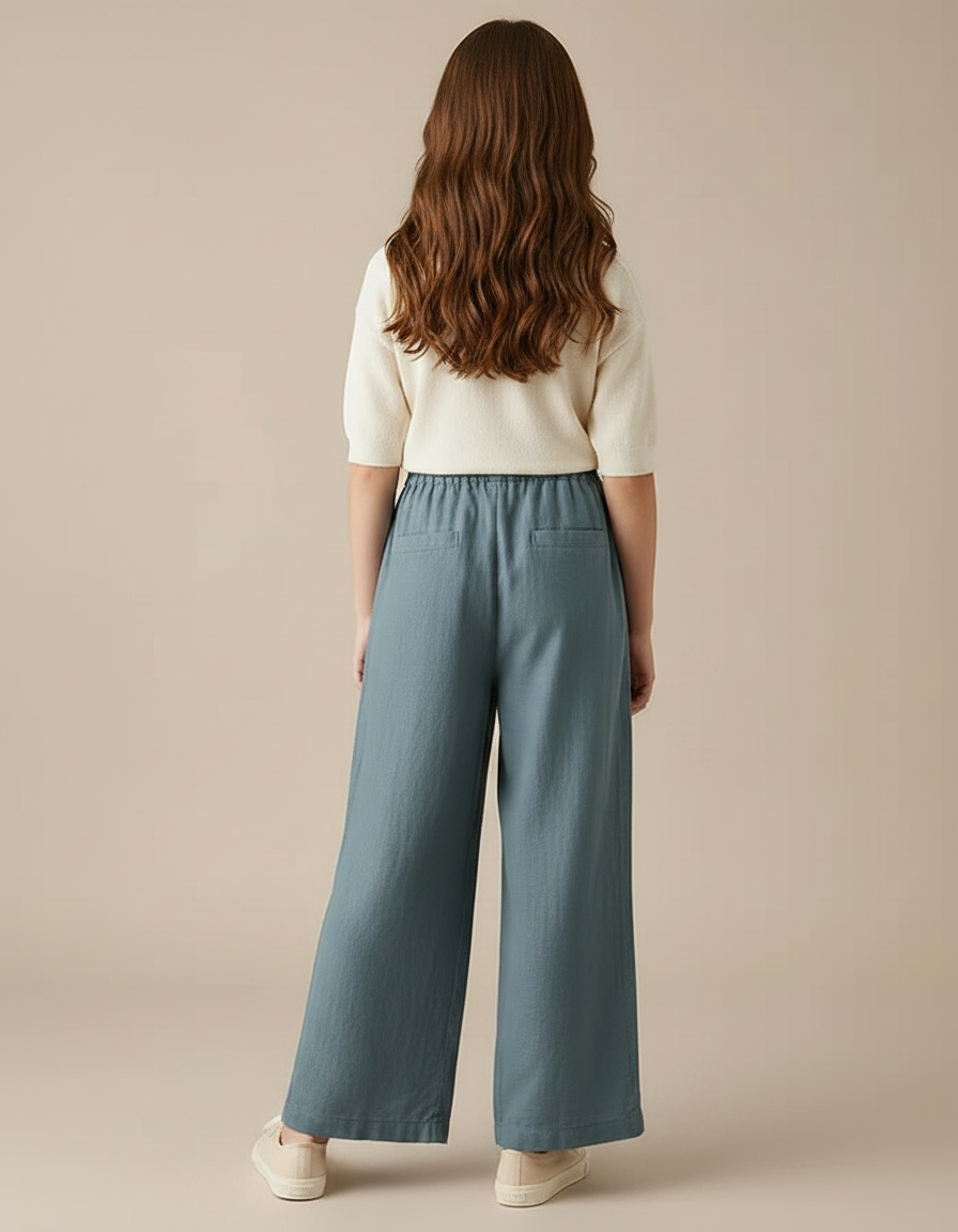 Pantalon Fluide Bleu Coton Lin Ample Fille - vue 2