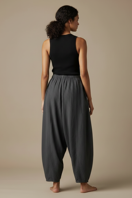 Pantalon Fluide Gris Ample Coton Lin Femme - vue 2