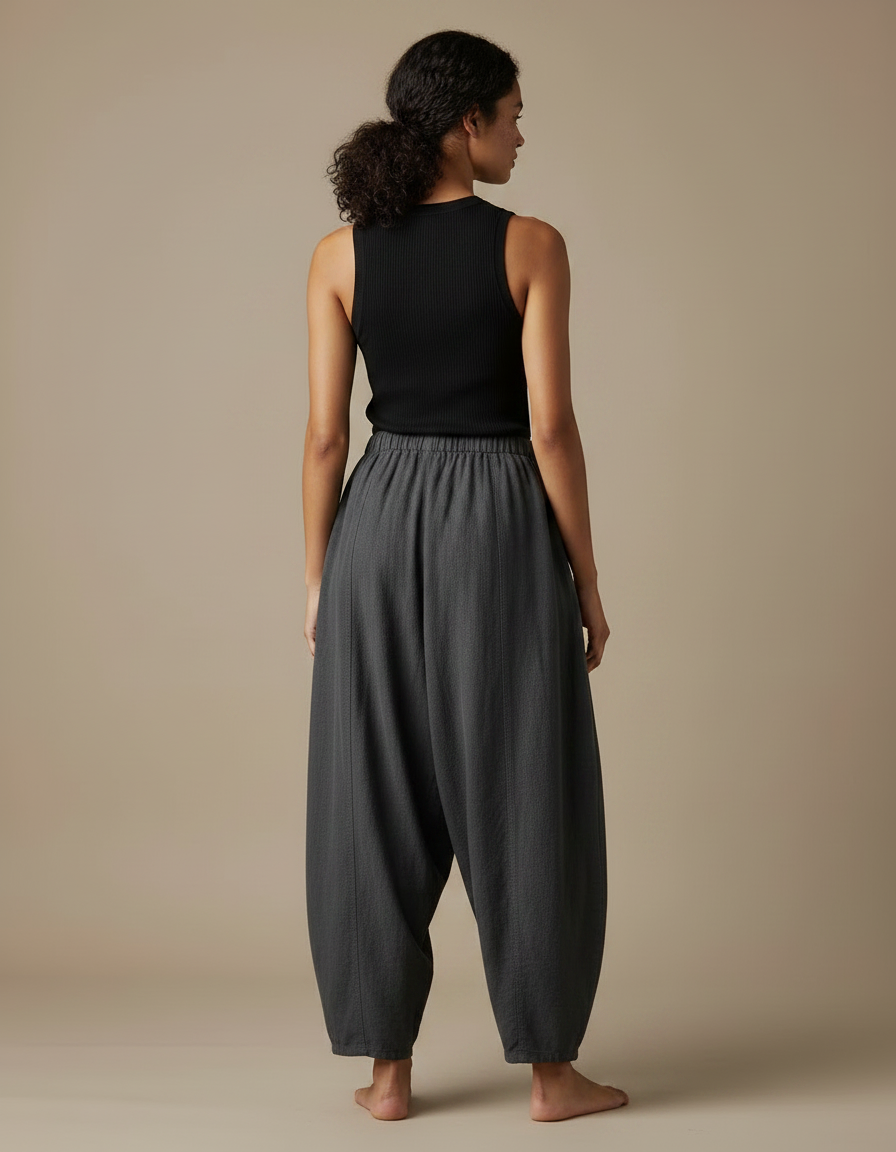 Pantalon Fluide Gris Ample Coton Lin Femme - vue 2