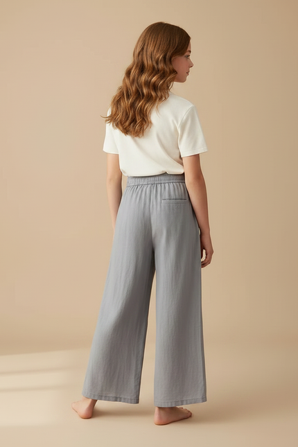 Pantalon Fluide Gris Lin Ample Fendu Décontracté - vue 2