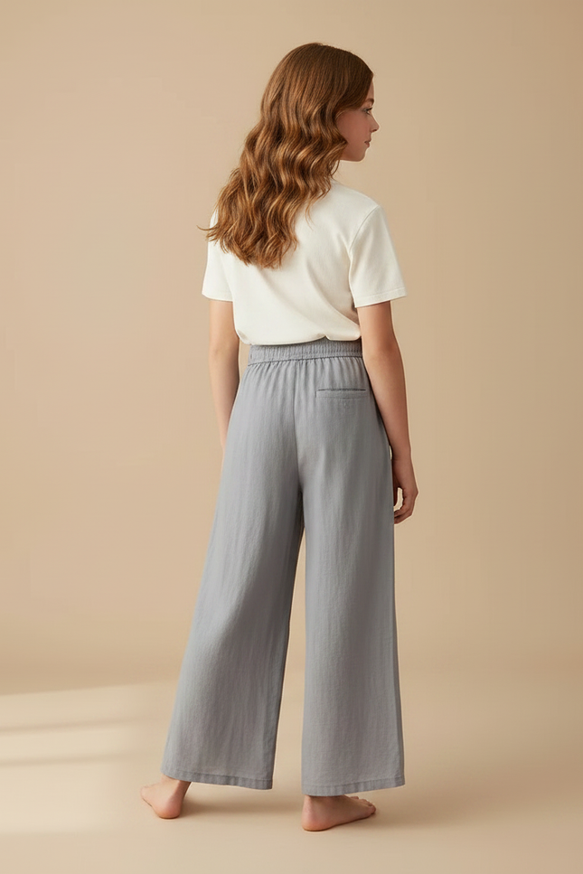 Pantalon Fluide Gris Lin Ample Fendu Décontracté - vue 2