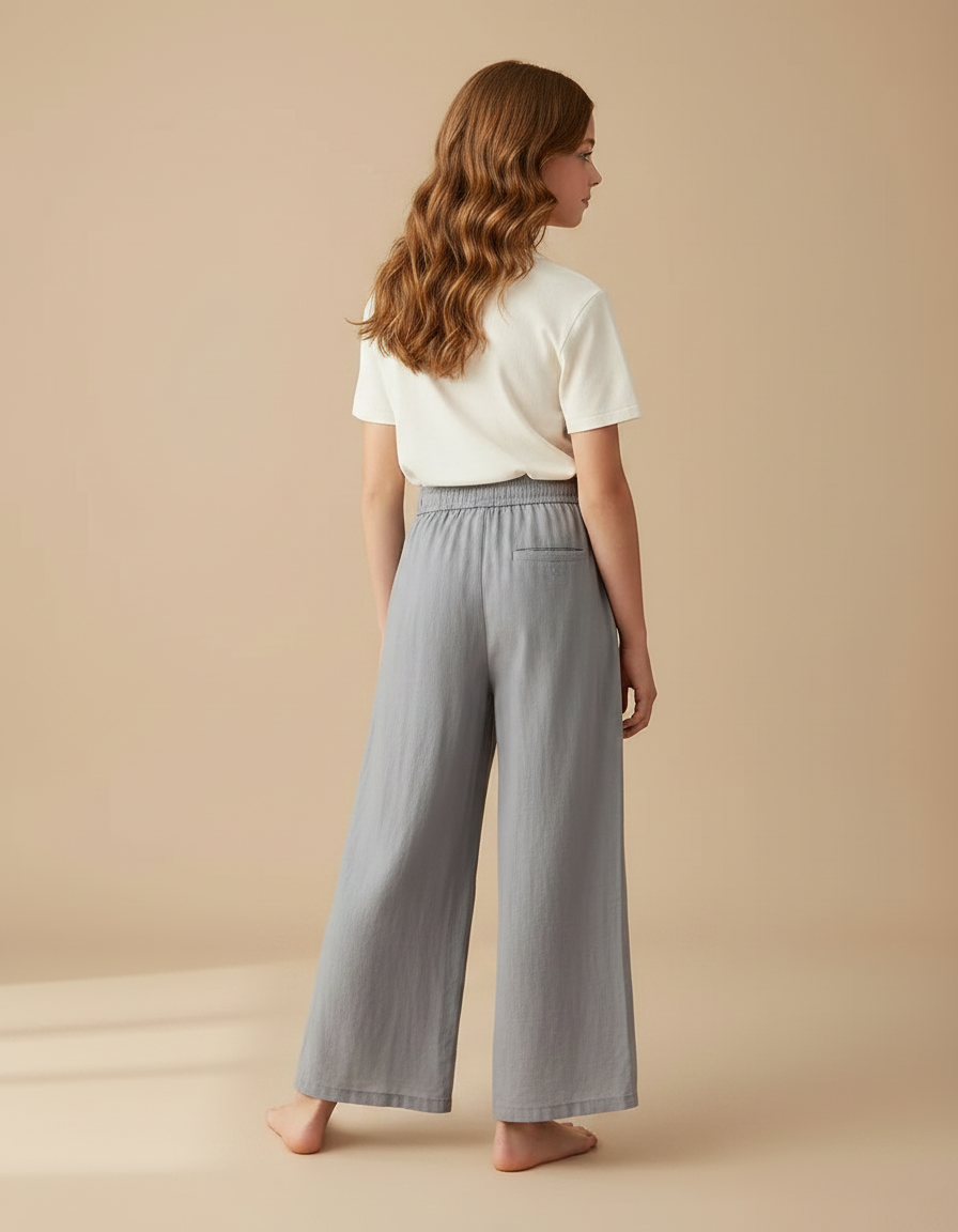 Pantalon Fluide Gris Lin Ample Fendu Décontracté - vue 2