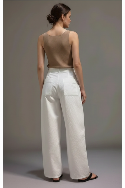 Pantalon Fluide Blanc Ample Décontracté Lin Coton - vue 2