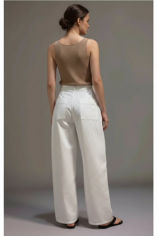 Pantalon Fluide Blanc Ample Décontracté Lin Coton - vue 2