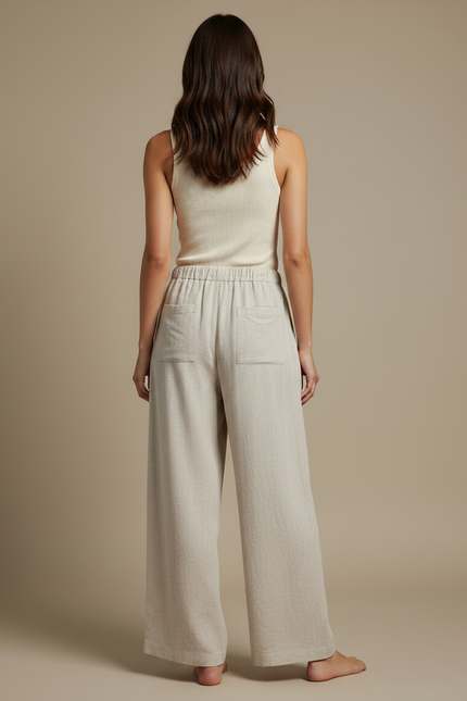 Pantalon Fluide Beige Large Lin Décontracté Femme - vue 2
