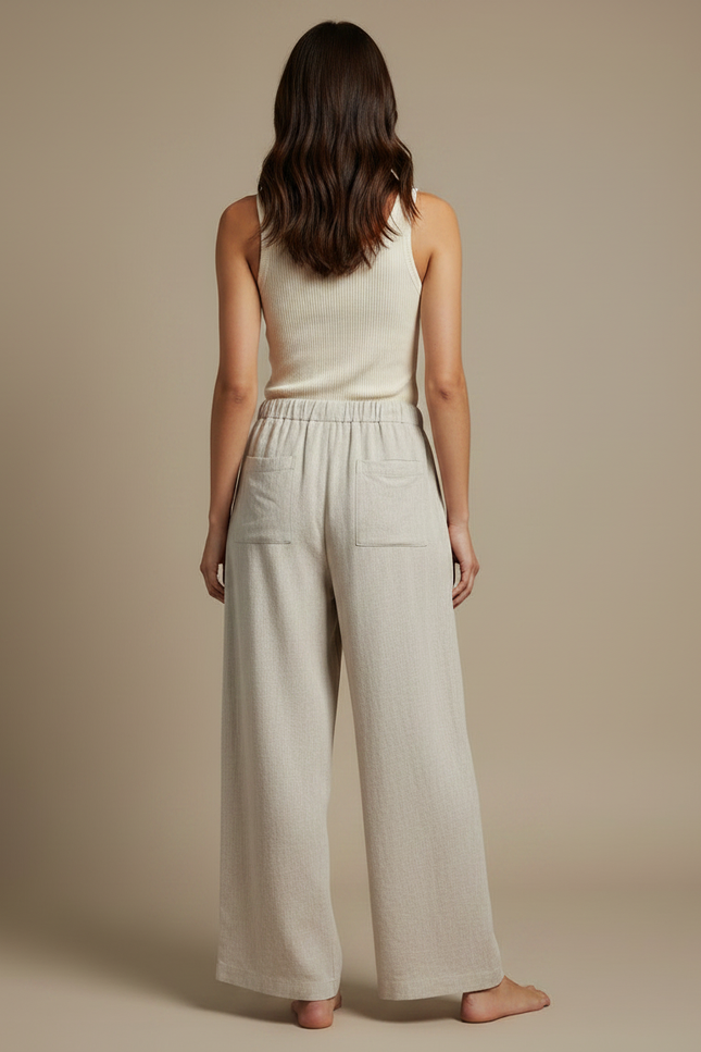 Pantalon Fluide Beige Large Lin Décontracté Femme - vue 2
